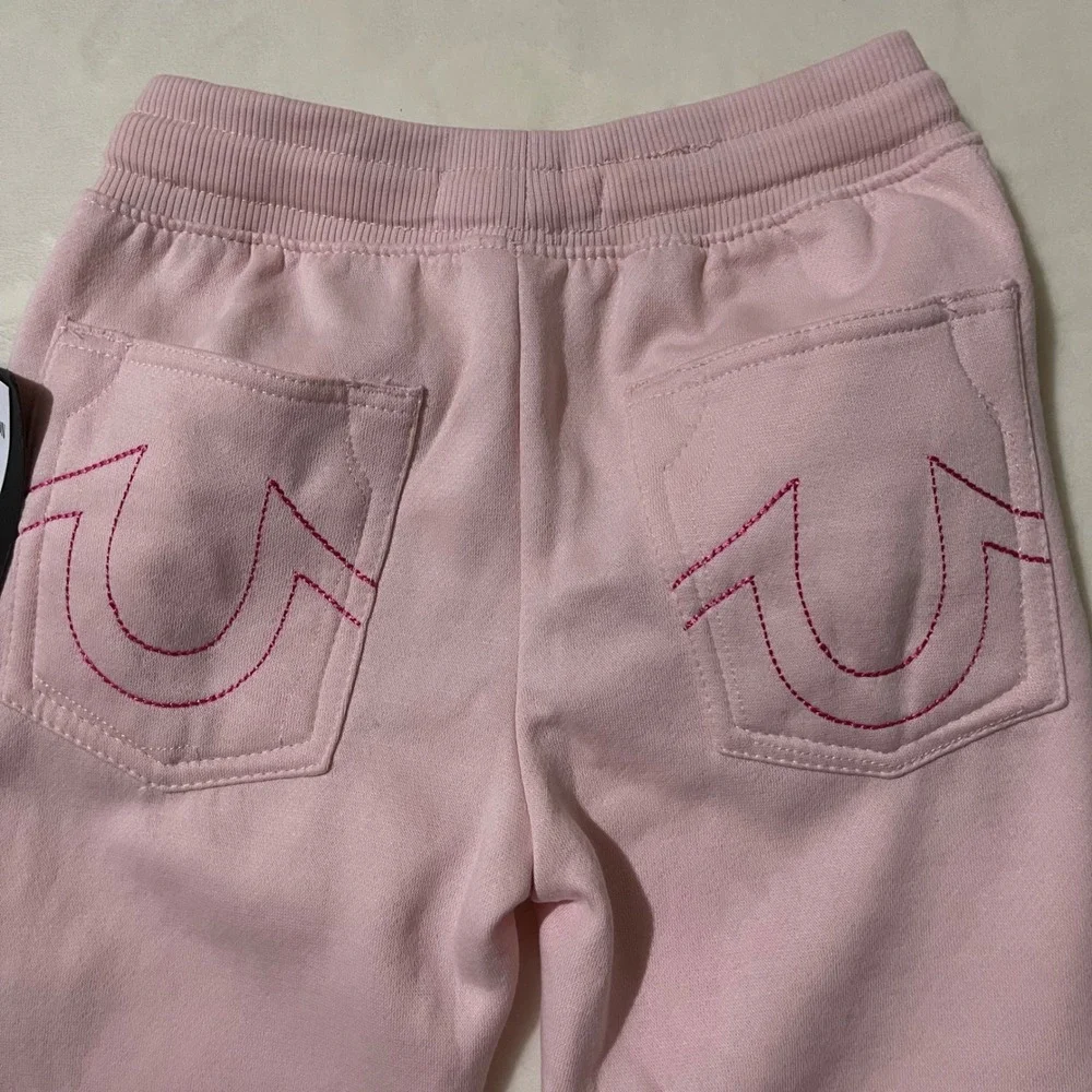 True Religion Girls Pink Flare Sweatpants Horseshoe Logo Small 7/8 Casual School